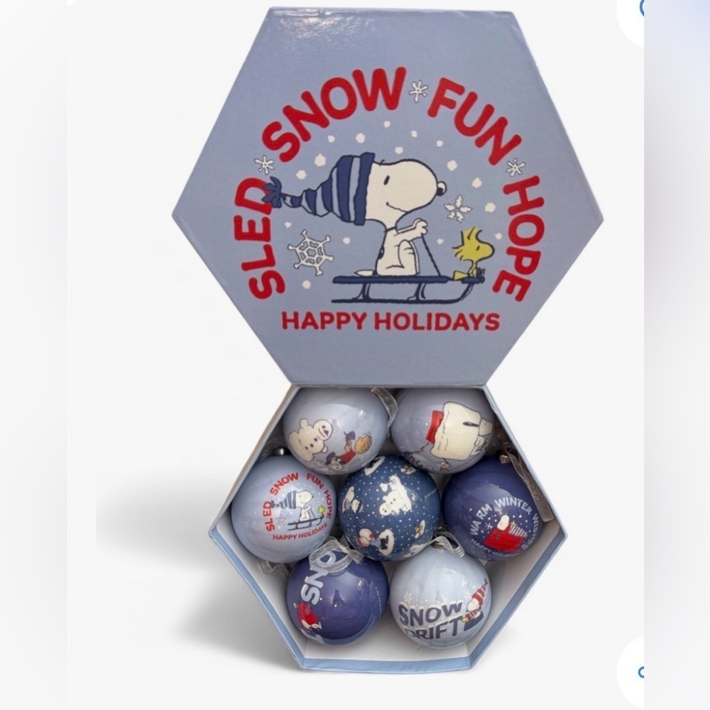 Snoopy Christmas ornaments in a hexagonal gift box. The ornaments feature variou